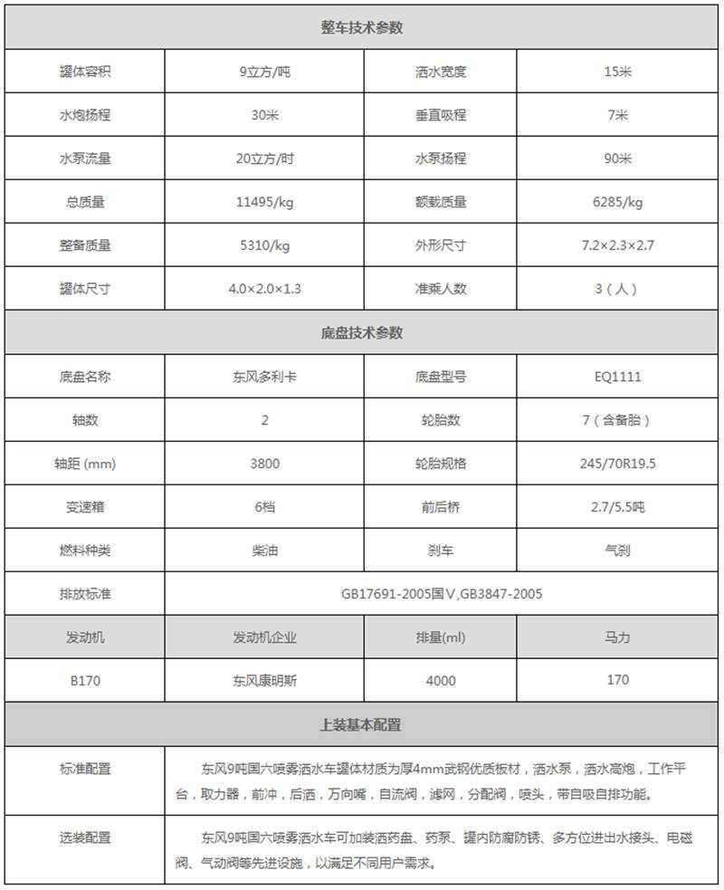 国六9吨喷雾车参数